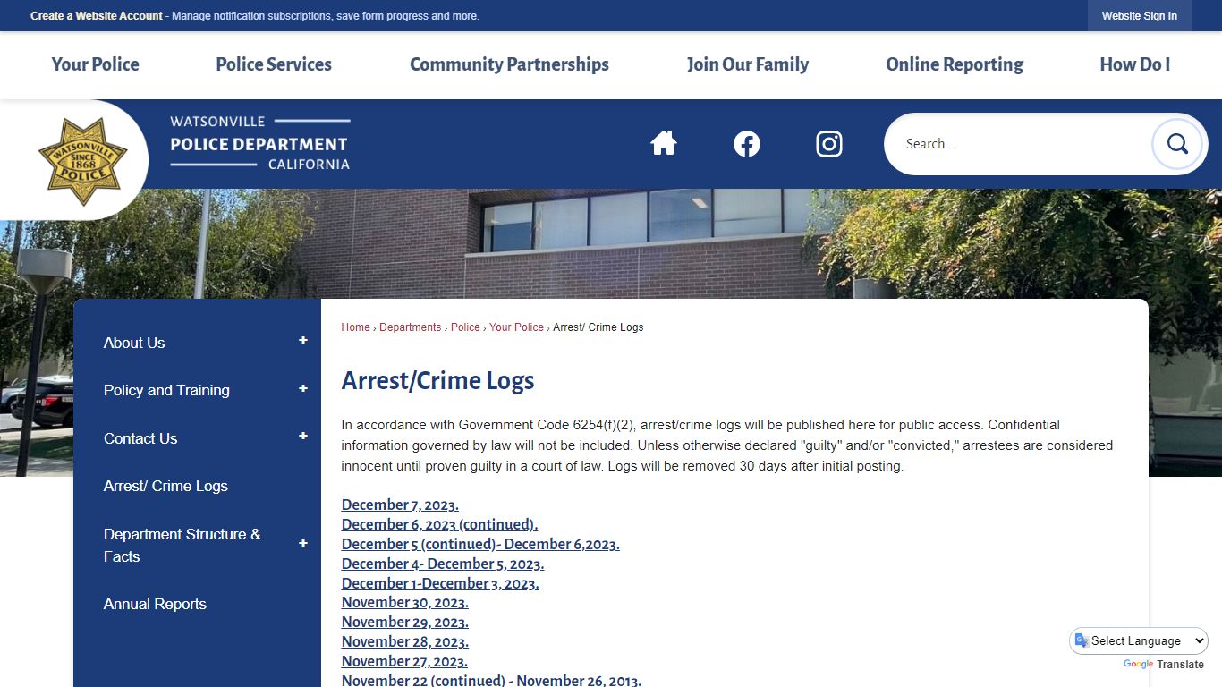 Arrest/Crime Logs | Watsonville